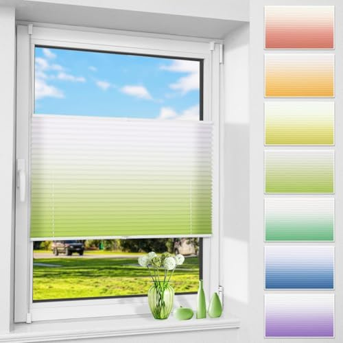 Allesin Plissee ohne Bohren mit Farbeverlauf, Grün-Weiß 80x130cm(BxH), Plissees Klemmfix, Plisseerollo Jalousie Rollos für Fenster und Tür, Sichtschutz und Sonnenschutz