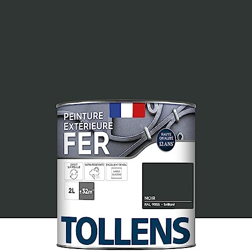 Tollens - Peinture extérieure fer 2 en 1 - Ultra Résistante - Protection antirouille - Laque Riche en Résine - Sans Sous-Couche - Entretien Facile - Brillant - Noir Brillant - 2L = 32m2