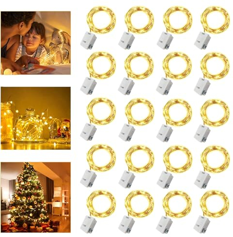 YOUNLEN 20 pezzi LED Stringa Luci a Batteria, 2 Metri 20LED Luci Stringa, Rame filo Ghirlanda Catena Luminose Lucine Fata Luci per Natale Matrimonio Decorative Festa Interno(Bianco Caldo)