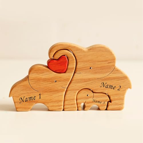 Personalisiertes Holz Kunst Puzzle der Elefantenfamilie, Benutzerdefinierte Holzelefanten Schnitzereien Familie Puzzle Geschenk, Desktop Ornament Home Tischdekoration für Familie Andenken Geschenke