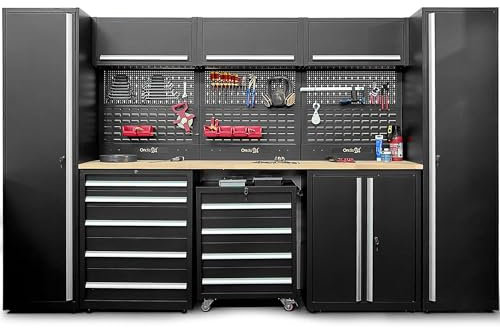 Ondis24 XXL Werkstatt Komplett Set 325cm Männerküche Werkstattrichtung modular mit Buchenholzarbeitsplatte, Werkzeugschränke, Werkbank mit Schubladen (9 TLG.)