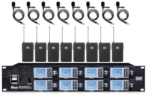 8 Channel UHF Wireless Lavalier Lapel Microphone System for School Stage Theatre