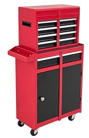 POLLOR Metal Tool Cabinet Storage Box Chest With 5 Drawers Portable with Wheels (95.5 x 51.5 x 28cm) (Red - Black)