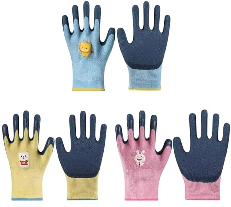 KRYMSON 3 Paar Kinderhandschuhe, Gartenhandschuhe, Tierhaltungshandschuhe, Hausarbeitshandschuhe, Rutschfeste Latexhandschuhe, Unisex-Handschuhe Für 6 Bis 9 Jahre (Rosa, Blau, Gelb)