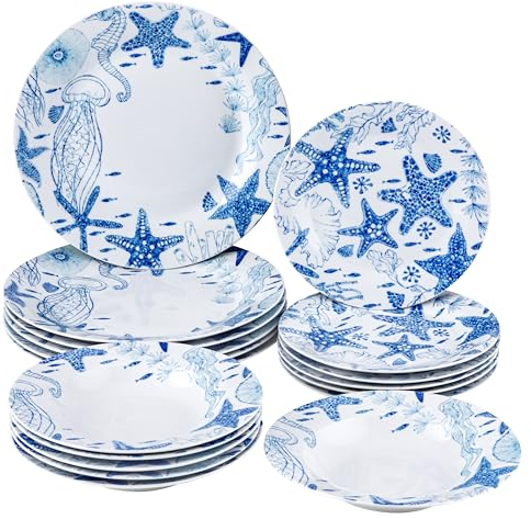 Baroni Home Vajilla de Porcelana y Gres de 18 Piezas, Vajilla de Color para 6 Personas, Plato Hondo, Plato Llano, Fruta o Postre, Estrellas de Mar