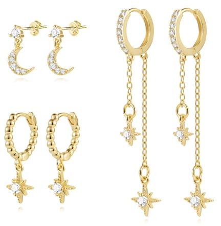ALEXCRAFT Ohrringe Silber 925 Ohrstecker Gold Mond Stern mit Zirkonia Ohrringe Hängend Gold Glitzer Rund für Frauen Freundin Mama Mädchen 3 Paar