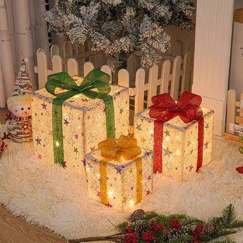 XPJBKC Cadeau Lumineux Noel, LED Faux Cadeaux Noel Deco avec Télécommande et 8 Modes d'Éclairage, Couleurs Chaudes Cadeaux Lumineux Noel, Cadeau Decoration Noel pour Sapin de Noël