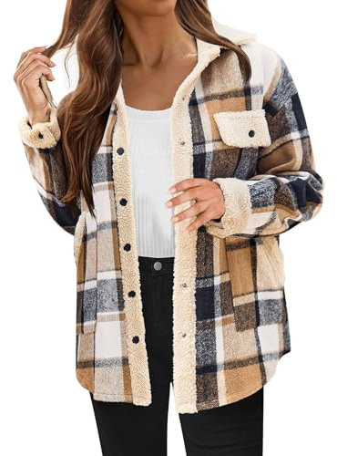 Veste de chemise pour femme à carreaux en polaire - Bûcheron - Boutonnière - Sport - Manches longues - Hiver moelleux - Coupe-vent - Chaude - Poche - Kaki - XL
