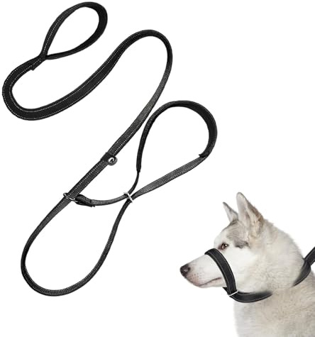 Siliget Figure of 8 Dog Lead Anti Pull, 180cm No Pull Dog Leads for Medium and Large Dogs with Padded Nose Support & Loop Handle, Nylon Black