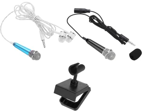 sourcing map 2Pcs Mini Microphone Tiny Microphone Portable Microphone with Earphone Mic Stand Cover for Singing Voice Recording Video for Phone Blue, Black