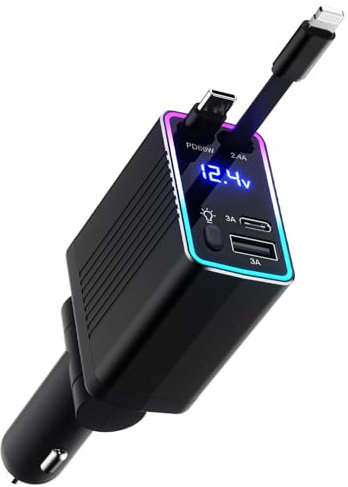 4-in-1 Einziehbares Auto Ladegerät,120W Auto ladegerät Kfz Zubehör,12V/24V USB zigarettenanzünder Adapter mit iPhone und Typ-C Kabel,Ultraschnelles Autoladegerät Kompatibel mit iPhone/Huawei (Schwarz)