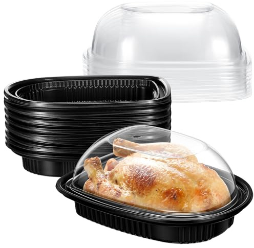 Hushee 20 Pack Large Rotisserie Chicken Roaster Container with Lids Black Plastic Chicken Food Storage Container Carrier Without Handle Rectangular Take out Reusable Storage High Dome Clear Lid