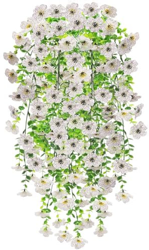 Epaing 2 PCS Artificial Hanging Flowers, UV-Resistant Fake Hanging Trailing Wall Flower Baskets Artificial Plants for Home Garden Yard Patio Wedding Outdoor Indoor Decor(White)