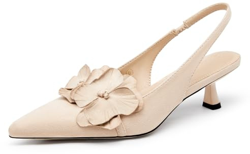 Coutgo Womens Slingback Kitten Heels Flower Closed Pointed Toe Pumps Wedding Party Dress Sandals Shoes, Nude, 6 UK