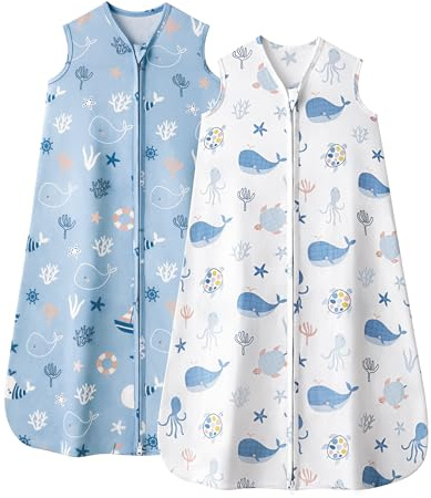 FIEMOL Baby Sleep Sack 0-6 Months, 0.5 TOG Wearable Blanket for Baby Boy and Girl, 2-Way Zipper Newborn and Infant Sleeping Bag 2 Pack, Lightweight Sleep Sacks Blue Whale(Small)