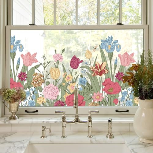 Fensterfolie Fenster Frühlingsdekor Fensterglasfolie Botanisches Blumenmuster Statisch haftend Anti-UV Kein Klebstoff Wiederverwendbar Geeignet für Wohnzimmer, Der Rhythmus der Blumen, 44X200CM