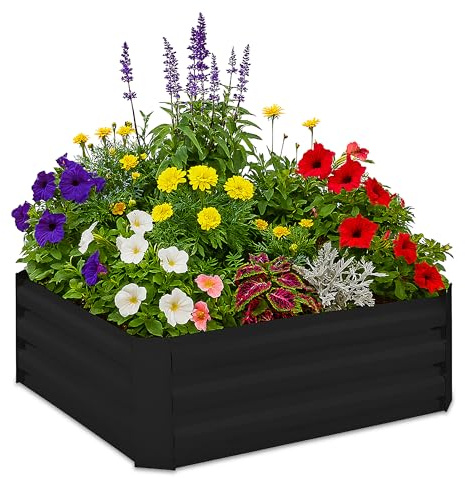Relaxdays Raised Flowerbed, Galvanised Metal, for Flowers, Plants & Vegetables, HxWxD: 30x90x90 cm, Plant Bed, Black