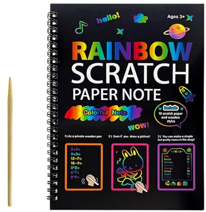 Ungtyb Rainbows Scratch Arts Pad – Magic Scratch Paper Notebook | Creative Craft Book with Wooden Styluses for Kids, Boys, Classroom, Home, Travel Airplane, Birthday, Arts Activities