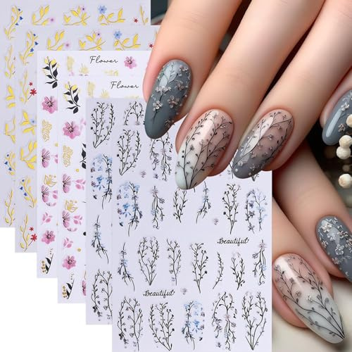 Radiella 6 Stück Nagelsticker Blumen, Nail Stickers Selbstklebend, Nagelaufkleber Frühling Sommer Floral Blatt, Nail Art Design Zubehör, 3D Fingernägel Aufkleber, Blüten Nageldesign