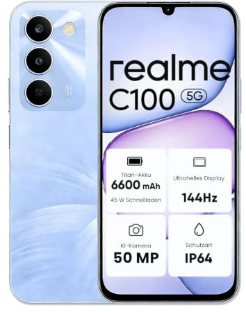 realme C100 5G Smartphone, 4 + 128 GB, 6,8 Zoll HD+ Display mit 144 Hz, Dimensity 6300, 6600-mAh-Titan-Akku, 45 W Schnellladen, 50-MP-Kamera, IP64, Blühendes Lila