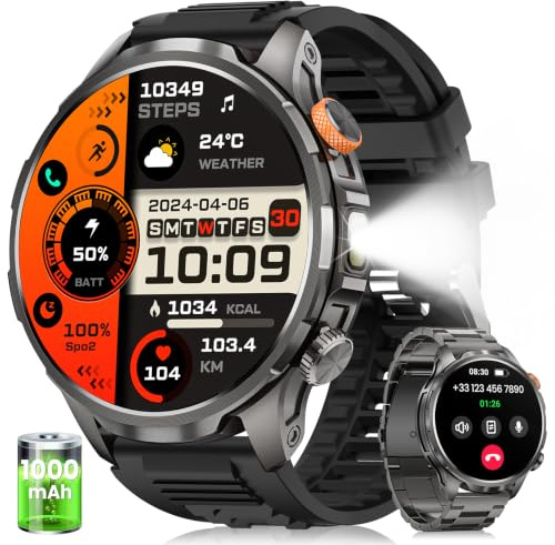 BANLVS Smartwatch Uomo Militare con 1000mAh/Torcia LED, Nero | 1.91 AMOLED, Chiamate Bluetooth, 110+ Modalità Sportive, Impermeabilità 5ATM, 24H Sonno/Frequenza Cardiaca, Android iOS