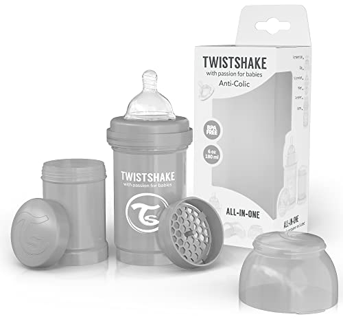 Twistshake Anti-Kolik Babyflasche mit Milchpulverbehälter und Mixer - 180 ml | Langsam Fließende, Brustähnliche Brustwarze aus Silikon | BPA-freie | Geeignet für Neugeborene (0+) | Grau