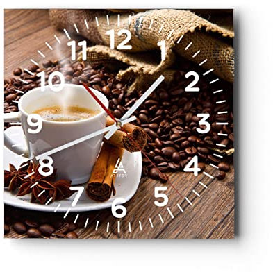 Modern Wanduhr Kaffee schwarz Frühstück Schokolade 30x30cm Quadrat Klein Wand Uhr Glas Analog Zimmeruhren Küche Büro Wohnzimmer Glasuhr Wall Clock Dekoration Design Küchenuhr C4AC30x30-2152