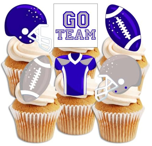 American Football Edible Cupcake Toppers - Blue and Silver Wafer Decorations for Game Day, Football Party, Sports Celebration Cake - PRECUT 2 Inch/5cm (Pack of 24)