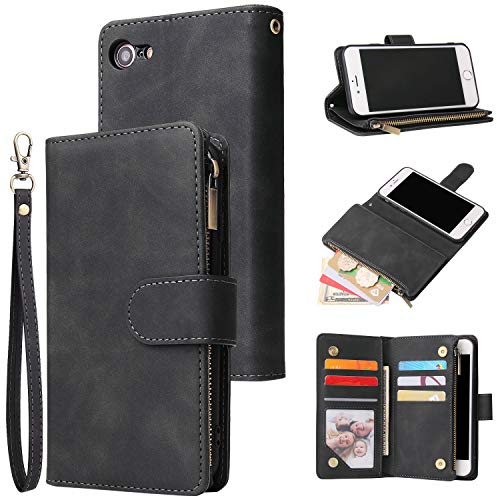 UEEBAI Wallet Case for iPhone 7/8/SE 2022 5G/SE 2020, Premium PU Leather Magnetic Handbag Zipper Case Kickstand Card Slots Wrist Strap Flip Cover for iPhone SE3/SE2 - Black