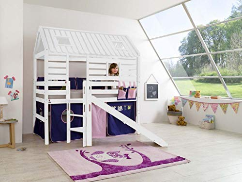 Froschkönig24 Hochbett Tom´s Hütte 1 Kinderbett mit Rutsche Spielbett Bett Rosa/Violett, Matratze:mit
