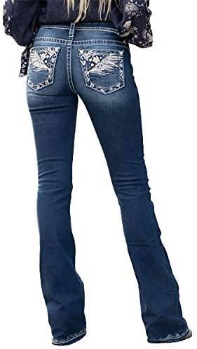 Qjbmei, Damenjeans, Feder-Blumen-Stickerei, mittlere Bundhöhe, dehnbar, Bootcut, schlankes, weit geschnittenes Bein