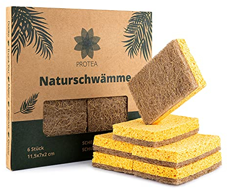 PROTEA nachhaltiger Spülschwamm Kokos Schrubber (6er Set) - wiederverwendbarer Naturschwamm, Küchenschwamm, Reinigungsschwamm - abbaubar und wiederverwendbar