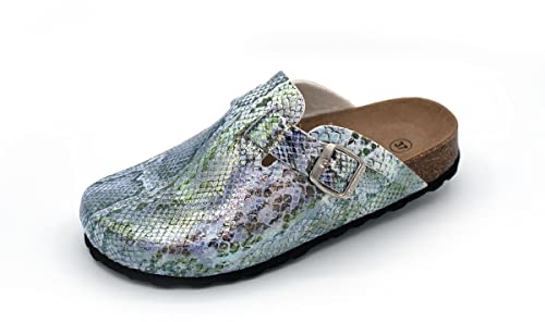BOnova Wesel Metallic - Damen Clog mit Schlangenmuster - Damen Hausschuh in modischen Farben - Hausschuh mit Rutschfester Gummisohle