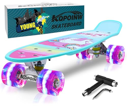 Kqpoinw Kinder-Skateboard, 55,9 cm, komplettes Skateboard für Kinder, Teenager, Mädchen, Anfänger, Skateboard mit Einhorn-Muster, Bunte LED-Leuchtrollen, Skate-Werkzeug, Mädchen,