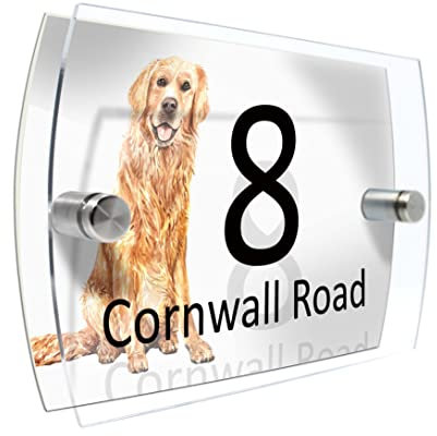 House Number Plaque Sign Door Road Plate for Dog Lovers Personalised Watercolour Print (D423 Golden Retriever)