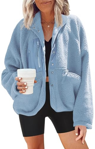 Nirovien Womens Fleece Jacket Fuzzy Jackets for Women Teddy Jacket with Pockets Cropped Jacket Fleece Pullover(Blue,S)