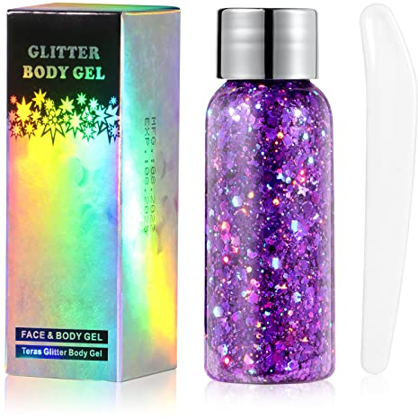 URAQT Body Glitter Gel, Chunky Glitter Gel, Chunky Body Lotion Glitzer Flüssiger Lidschatten, Meerjungfrau Pailletten Funkelnde für Gesicht Haare Lippen Nägel Make Up Kosmetik Festival (Violett)