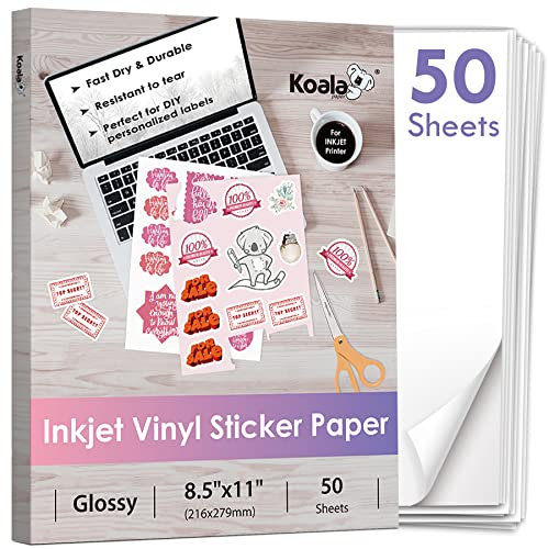 Koala Bedruckbares Vinyl-Klebepapier für Tintenstrahldrucker – 50 Blatt weißes glänzendes Aufkleberpapier, wasserdichtes Aufkleberdruckerpapier, 21,6 x 27,9 cm, reißfest, abnehmbar