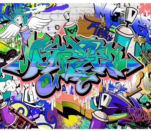 decomonkey - Papier Peint Panoramique Adhésif Graffiti Street art 343x256 cm - Stickers Muraux Chambre Déco Autocollant - Vert rose bleu beige - Graffiti artistique inscriptions murales urbaines