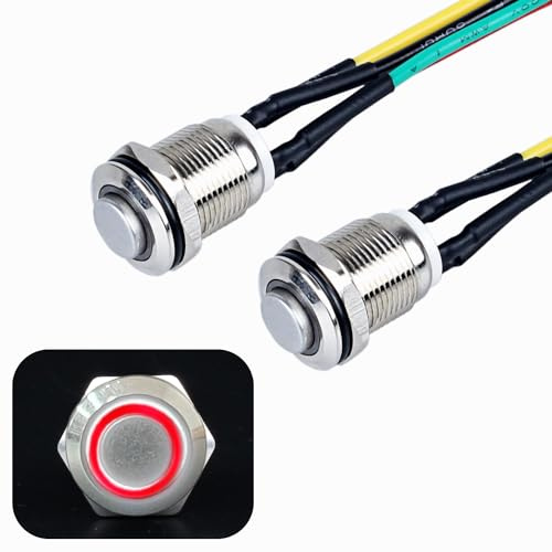 JIQI 2× 12mm Momentane Metall Druckschalter 12V bis 24V 2A Momentary Push Button Switch mit LED-Leuchte IP66 1NO Tastende wasserdichte Taster Drucktaster für Boot LKW RV Auto(hoher Kopf, Rot)