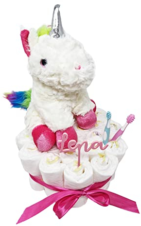 Elfenstall Windeltorte mit Acryltopper und Stofftier als Geschenk zur Geburt oder Taufe (Einhorn)
