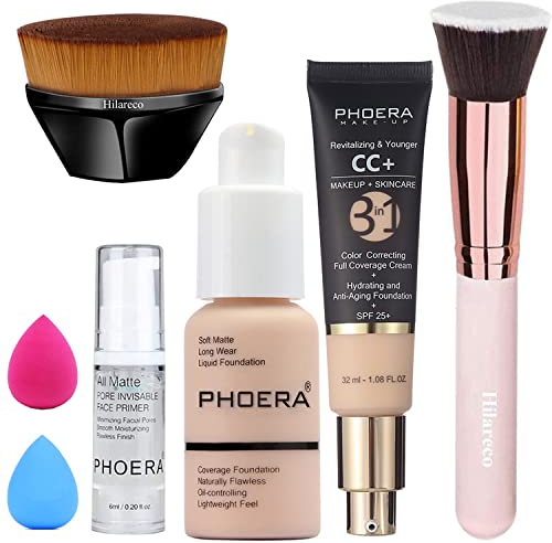 PHOERA CC Cream Foundation - Volldeckende Farbkorrektur Mit Anti-Aging Feuchtigkeitsserum und Mattem Natürlichem Finish (101+100CC/ Porzellan+ Porzellan CC)