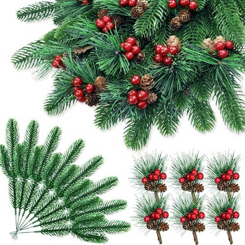 ROLLWAY 24 Stück Tannenzweige Künstlich und Künstliche Tannenzweige mit Beeren und Tannenzapfen, Kiefernzweige Kunst Tannenzweige Deko Zweig Weihnachten für DIY Adventskranz Weihnachten Deko