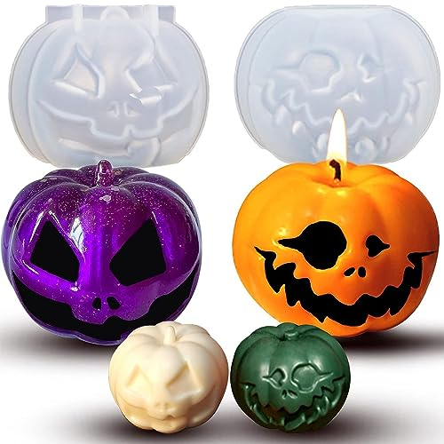 ERBO 2 Stück 3D Kürbis Kerzenform Silikon, DIY Silikonform Kerze, Kerzen Selber Machen, Kerzenformen für Halloween Duftkerze Valentinstag Dekorative Ornamente