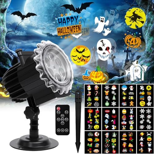 Projektor Weihnachten, LED Projektor Weihnachten Aussen Halloween Projektor Schneeflocken Projektionslampe Effektlicht 12 Muster mit Fernbedienung für Geschenke Party Weihnachten Deko