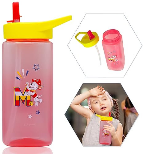 Paw Patrol Straw Sippers Printed with Marshall, 420ml Red Colour Plastic Water Bottle, Pop-up Silicone Straw, BPA-Free for Kids 6+ months