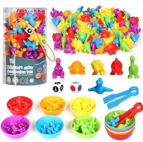SAMISO Jeux Montessori 2 3 4 5 Ans,48 pièces Jouet pour Comptage et Tri avec Bol et Pince à Épiler Assortis,Dinosaure Compter Les Jouets mathématiques,Jeu Montessori