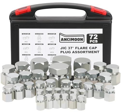 ANCIMOON 72-teiliges JIC-Kappen- und Stopfen-Set, 37-Grad-Flare-Gewinde, Hydraulikschlaucharmaturen, Karbonstahl, Größe 4, 6, 8, 10, 12, 16