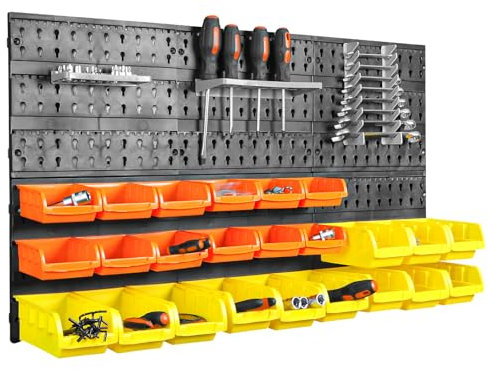 CREATIKEY® Étagère murale Porte-Outils - Boîtes Empilables - Boîte de Rangement - Étagère de rangement pour atelier - Étagère Murale Atelier - Étagère d'atelier en plastique - 34 Pièces - 966x540mm
