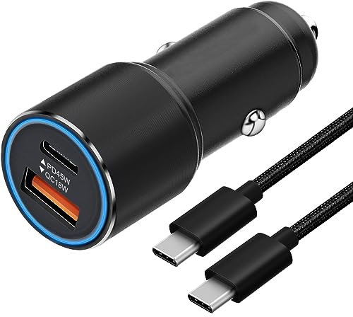 63W Super Fast Car Charger and Cable for iPhone 15/16 Pro/15 Pro Max/Samsung Galaxy S24/S23 Plus/S24 Ultra A55 A25 A35 A15 5G,Google Pixel 7 8 6 7A,Dual Port (USB C 45W+USB A 18W) Car Phone Adapter